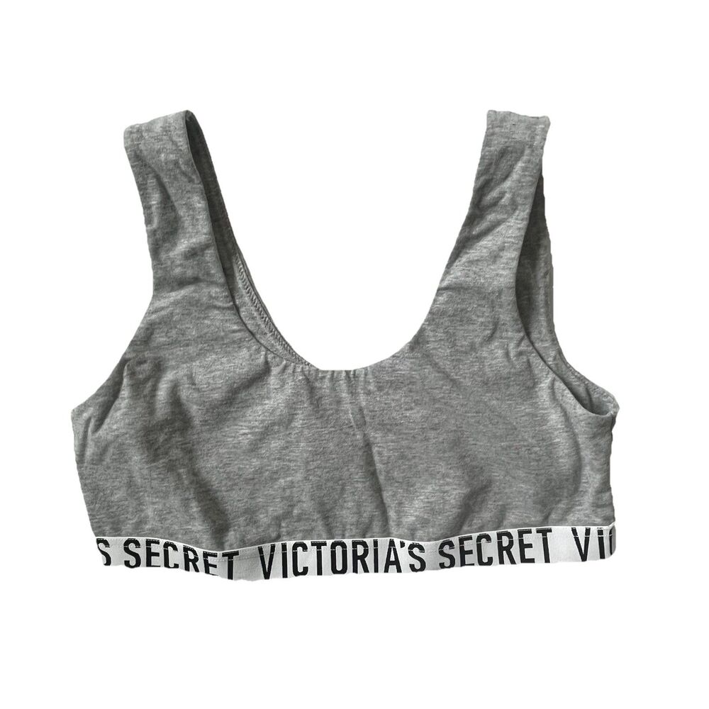 Victorias Secret Bralette Bra Logo Cotton Blend Scoop Gray Unpadded Size XL EUC